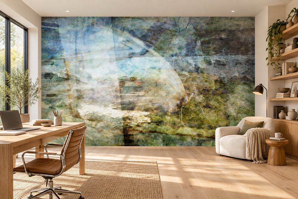Bureau lumineux avec la murale « Tendance saisonnière – Été » aux tons de bleu et de vert