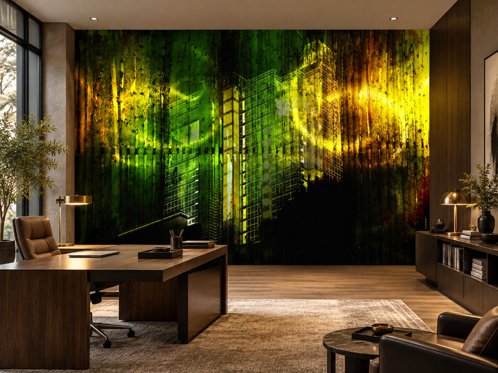 Bureau contemporain avec la murale « Vision nocturne » aux tons de vert et de jaune