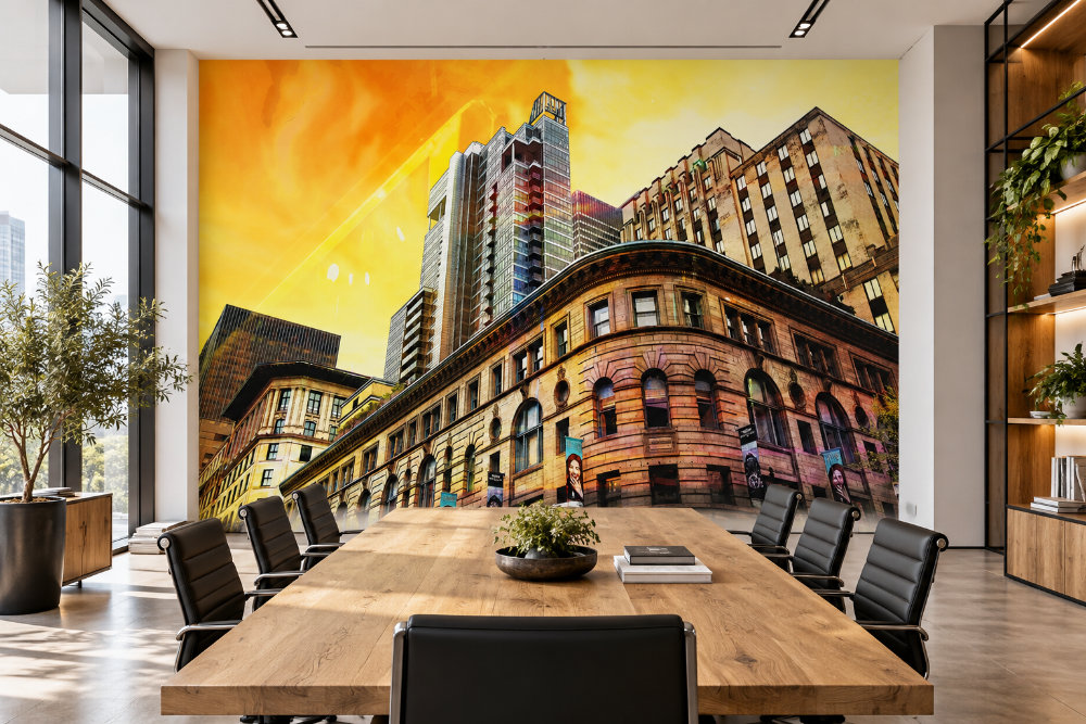Salle de réunion avec la murale « Délire urbain IV » représentant des immeubles de Montréal
