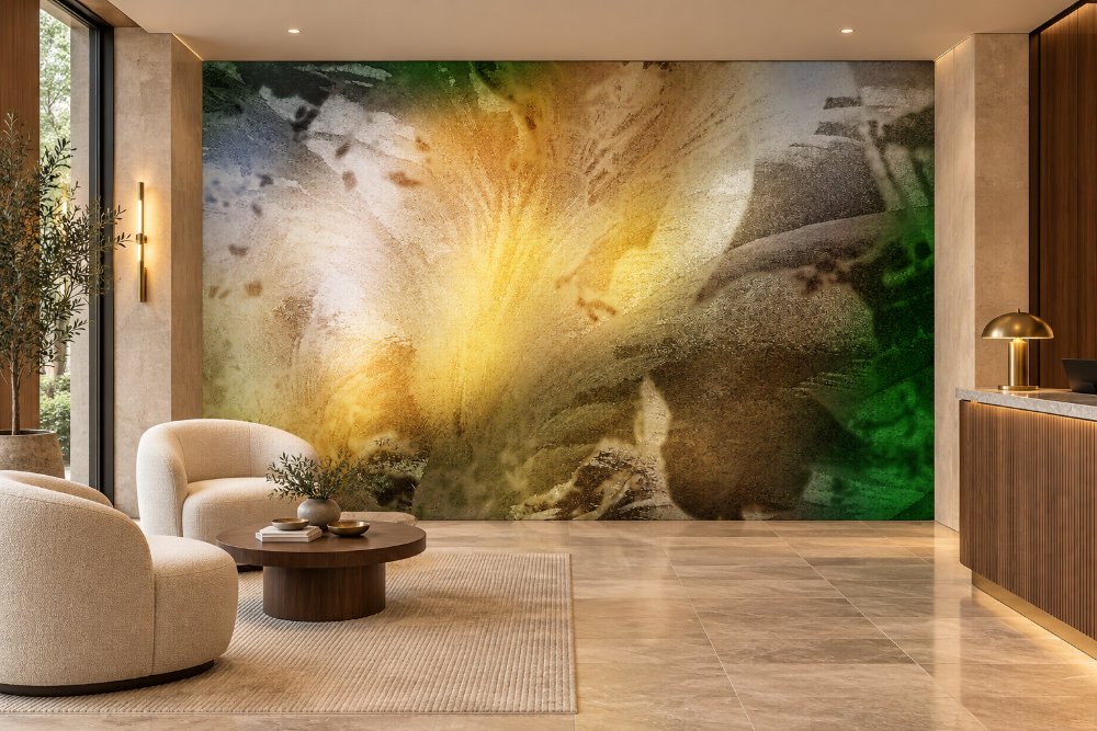 Hall d'hôtel avec la murale « Frimas I » aux teintes dorées et vertes