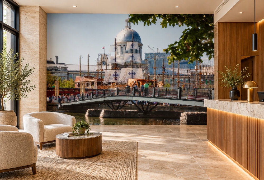 Hall d'hôtel avec la murale « Escale I » montrant le Vieux-Port de Montréal
