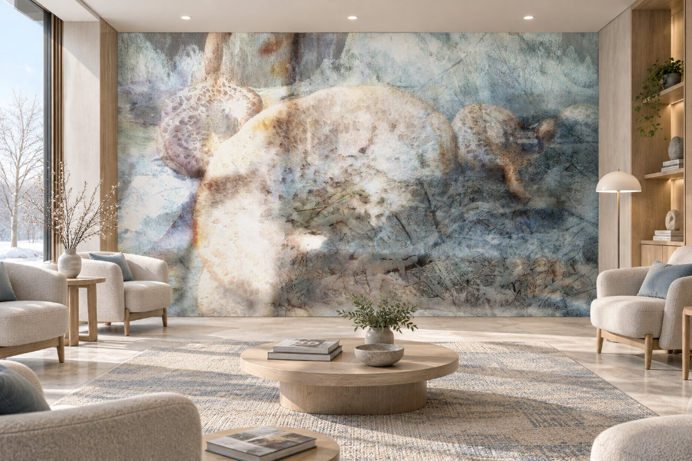 Salle d'attente avec la murale « Tendance saisonnière – Hiver » aux tons de bleu et de crème