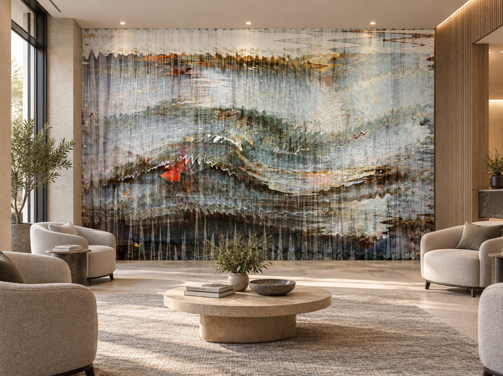 Salle d'attente avec la murale « Ondulations IV » aux ondulations élégantes