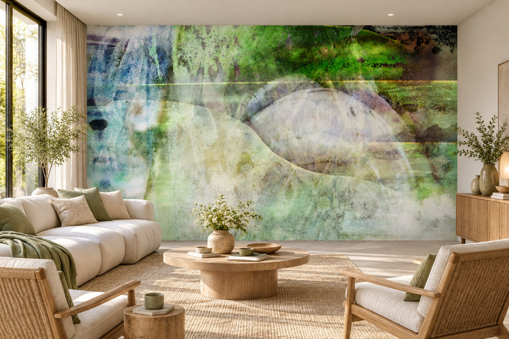 Salon lumineux avec la murale « Tendance saisonnière – Printemps » verte et blanche