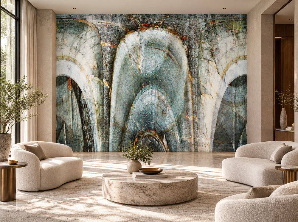 Salon d'hôtel avec la murale « Perlacea I » aux arches turquoise